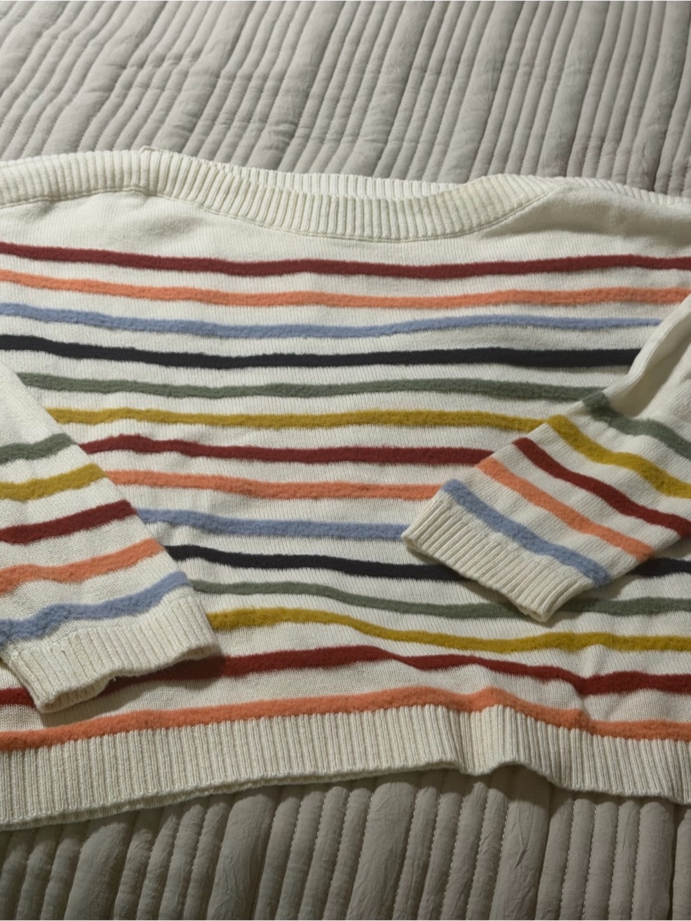 LOFT Cream Off-the-Shoulder Multi-Stripe Sweater